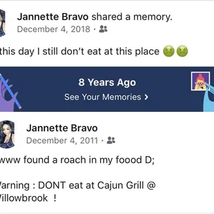 My post from years ago of me telling everyone I found a roach in my food!