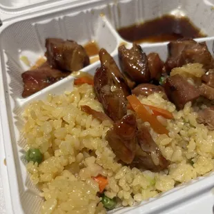 Mushy and squishy fried rice hard burnt chicken