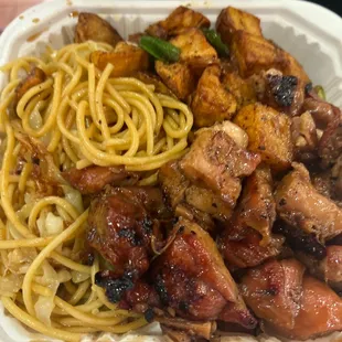 Bourbon chicken with noodles and roasted potatoes
