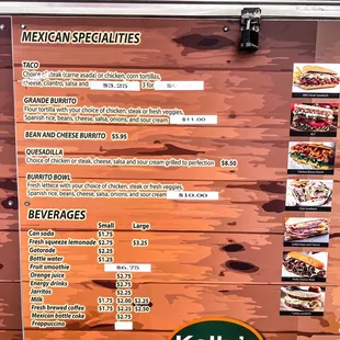 menu for mexican specialities