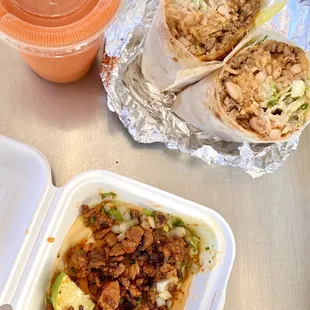 Super Burrito: steak, Taco: pork, sea breeze smoothie: strawberry, mango, passionfruit (06/2022)