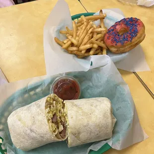 Polish Sausage Burrito, Half portion of large french fries, Donut