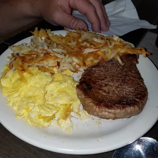 House steak, scrambled eggs, crispy hashbrowns, and toast.  Very good.