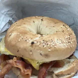 Bacon and egg on everything bagel