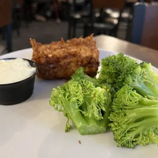 Battered cod with broccoli