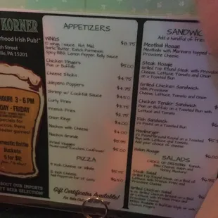 The bar menu for Kelly's.