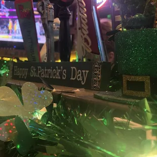 a st patrick's day sign and decorations