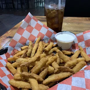 Fried Pickles (aka pickle fries) with ranch dressing