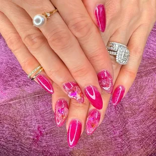 OBSESSED with my nails by Ann!!  3D hearts with confetti hearts underneath. Sooo fun and cute! Ready for Valentine&apos;s Day. ‍