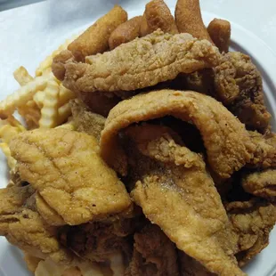 a plate of fried chicken and french fries
