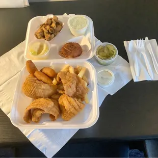 Flounder, fries, hush puppies, okra, etc.