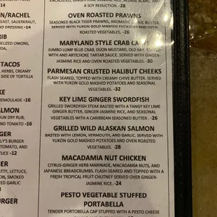 Entree close up menu