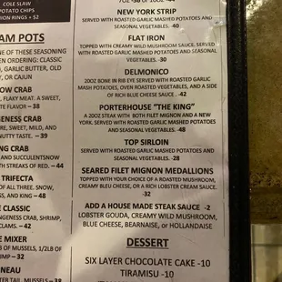 Menu close up a steak and dessert