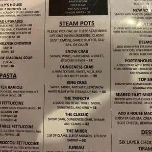 Close up of steam pot menu