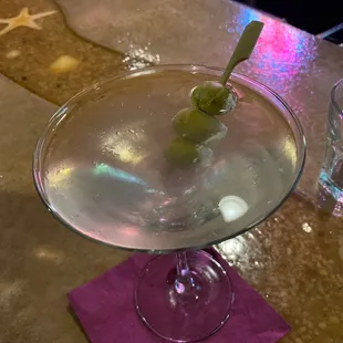 Dirty martini with blue cheese olives.