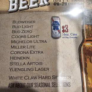Happy Hour drink menu