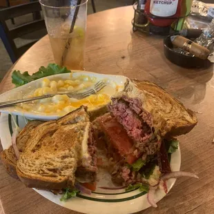 Burger, Mac and cheese with a Jameson and coke