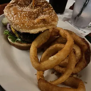 Firecracker burger with onion rings