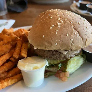 Veggie All American Burger with Sweet Potato Fries.
