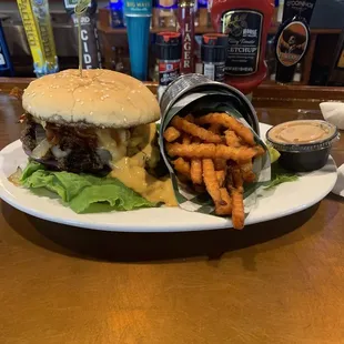 Bacon Beer Bacon Cheese Burger with sweet potato fries!