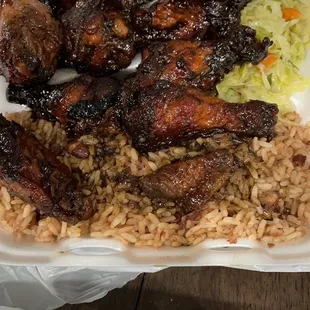 Jerk BBQ Wings, Rice and Peas, and Steamed Cabbage