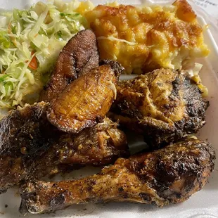 Jerk Chicken, Steamed Cabbage, Mac and Cheese, Fried Plantains