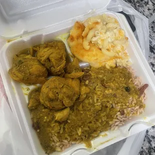 Curry Chicken, rice and peas, Mac and Cheese