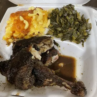 Jerk Chicken, Mac and Cheese, and Collards Greens