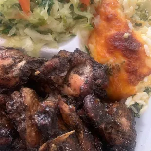 necessary close up! jerk wings cabbage Broccoli Rice and Cheese casserole