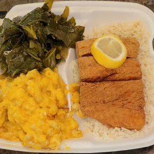 Fried Salmon, Mac &amp; Cheese, &amp; Collard Greens
