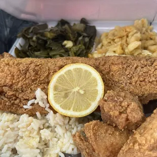 Whiting and wings with greens and Mac and cheese!!