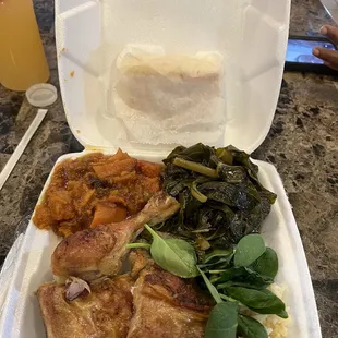 Baked chicken dark, yams, rice, greens, and cornbread