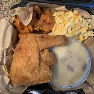 Fried Chicken (dark) yams, macaroni and cheese and mashed potatoes