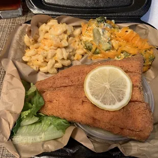 Fried salmon, macaroni and cheese, broccoli cheese casserole, mashed potatoes (in container under Salmon)