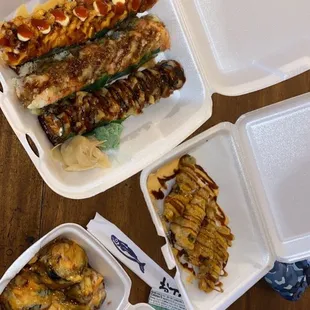 Firecracker roll, yam yam roll, shrimp lover roll, heart attack appetizer, and sunday morning roll