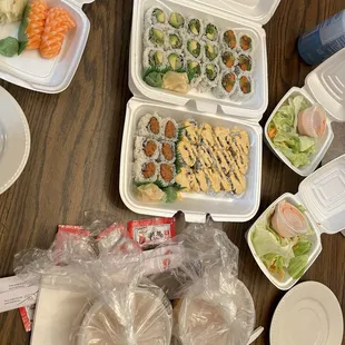 Vegetarian Combination &amp; Spicy Roll Combination (comes with soup and salad)  Salmon Nigiri (x2)