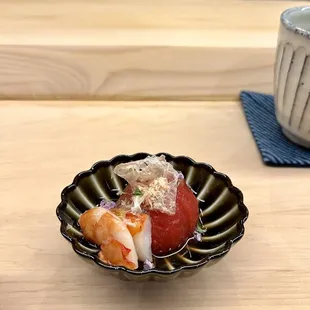 First course tomato in dashi and shrimp