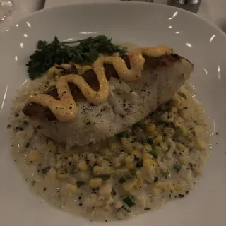 Potato Crusted Halibut, Latin Cream Corn, Chipotle Aioli