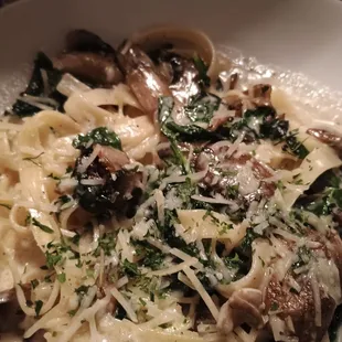 Cremini mushroom and spinach pasta.