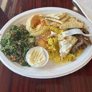 Chicken and Beef Shawarma with tabouli and hummus.