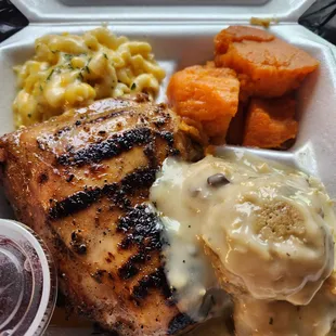 Rotisserie chicken, dressing w/gravy, mac-n-cheese, candied yams.