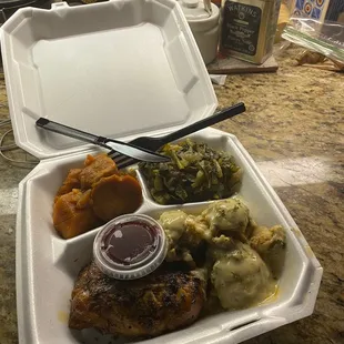 Chicken w dressing, collards, and yams