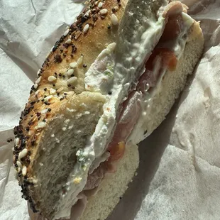 Everything Bagel, Veggie Shmear, Ham &amp; Tomato deliciousness!