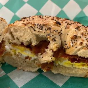 Bacon, egg &amp; cheese on an everything bagel.