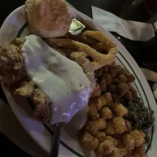 Chicken fried Steak and Catfish with Okra, Tots and Green beans