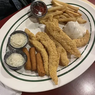 Catfish, mashed potatoes and gravy, French fries