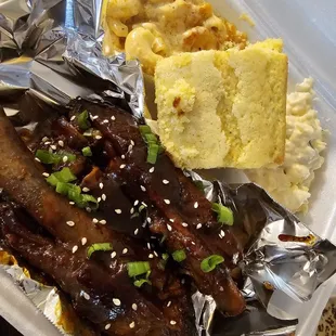 Ribs, cornbread,  Mac and cheese, potato salad