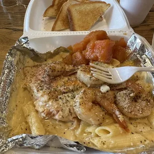Dat Dam Salmon Fettuccine with Grilled Shrimp with a side of Sweet Potatoes and Texas Toast