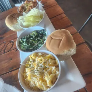 Pinto Beans, Cabbage, Creamed Spinach, Mac &amp; Cheese, and rolls.