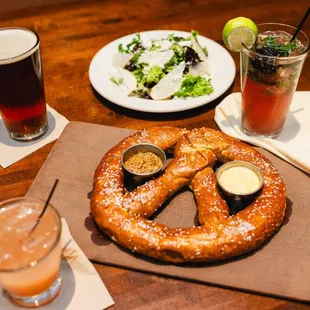 a pretzel and a salad